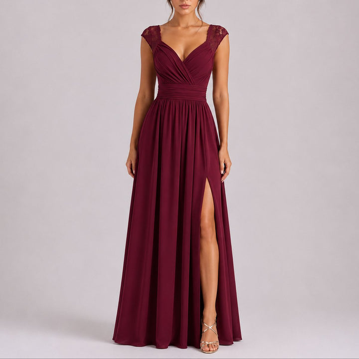 Ruby | Trendy Fall Wedding Lace Shoulder Wrap Maxi Dress