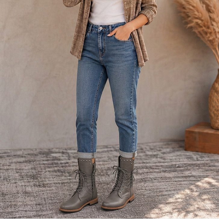 Calvera | Mid-Calf Combat Boots – Adjustable Wrap Laces for Women