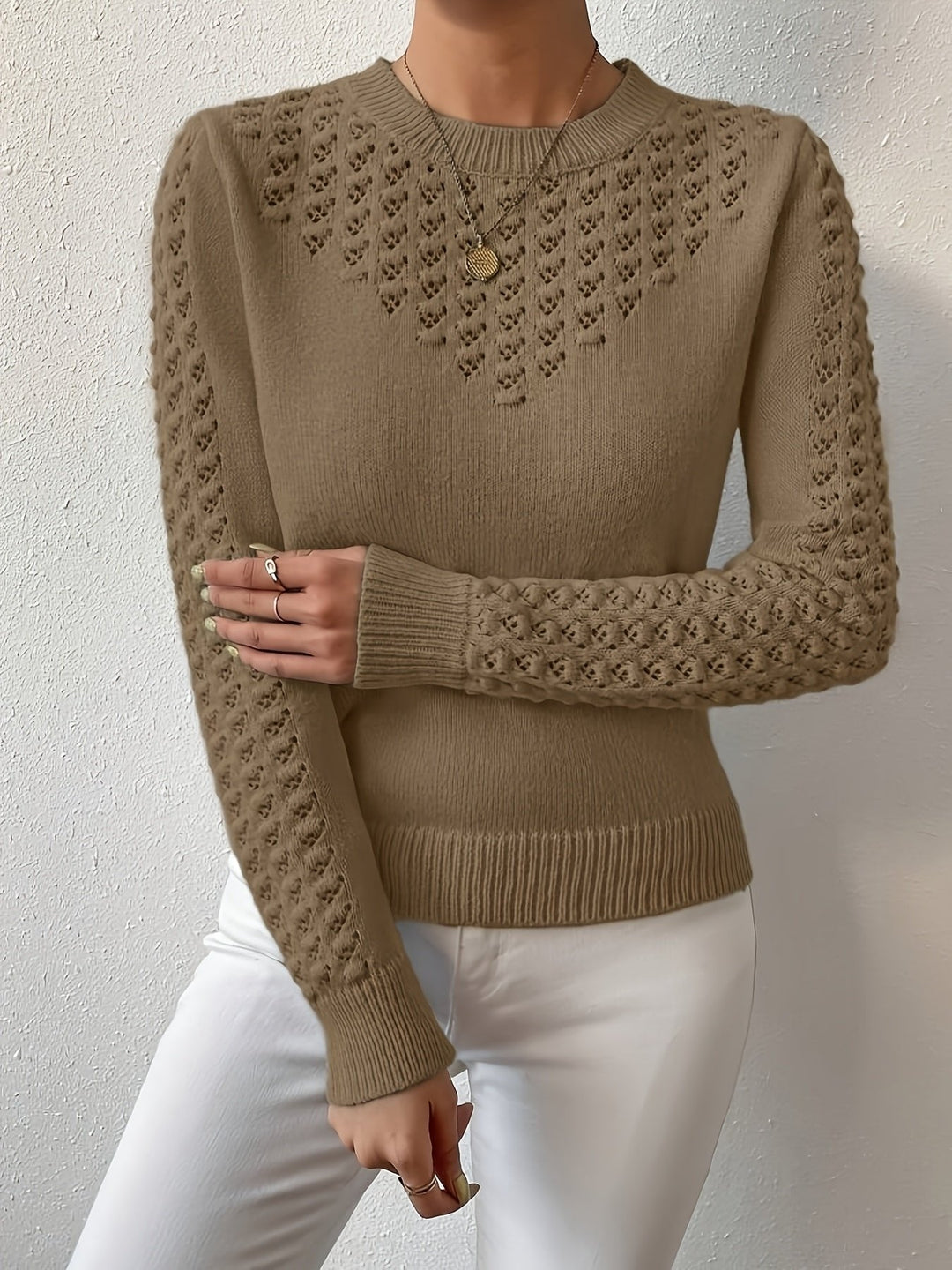 Aveline | Pointelle-Knit Sweater – Elegant Round Neck Style for Women