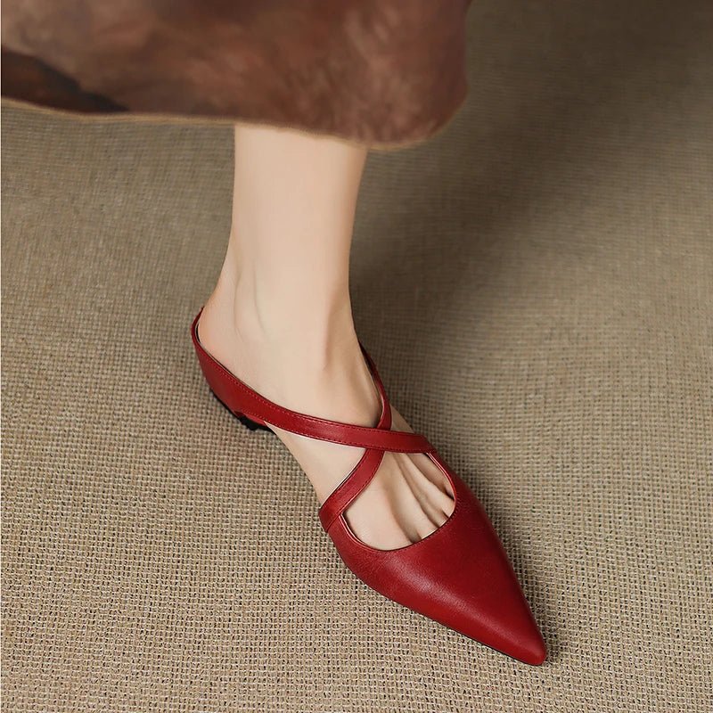 Victoria | Pointed-Toe Cross-Strap Leather Slip-On Mules
