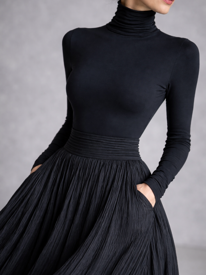 Isla | Flowing Pleated Maxi Dress with Turtleneck