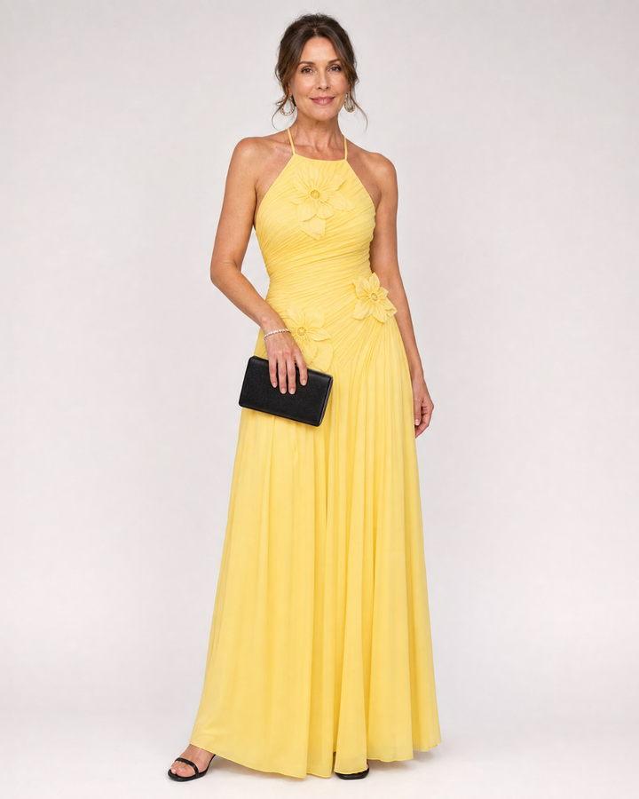 Chic Pleated Halter Neck Floral Maxi Dress