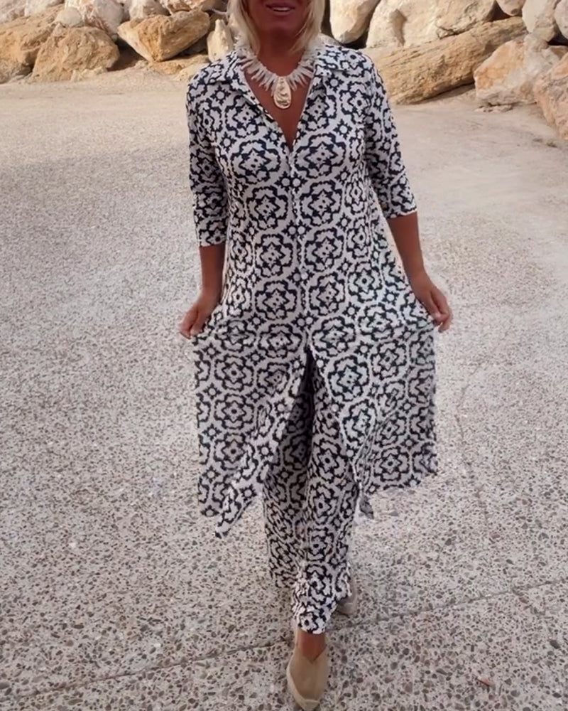 Clara | Chic Geometric Printed V-Neck Tunic & Wide-Leg Pants Set