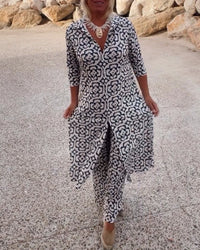 Clara | Chic Geometric Printed V-Neck Tunic & Wide-Leg Pants Set