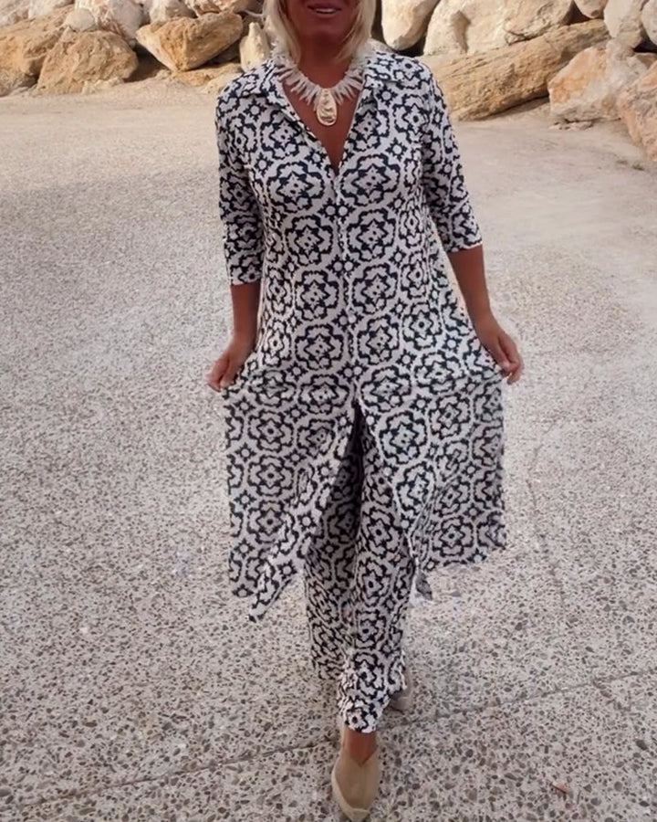 Clara | Chic Geometric Printed V-Neck Tunic & Wide-Leg Pants Set