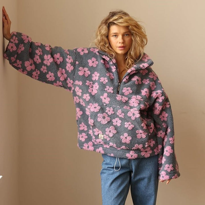 Hazel | Oversized Floral Teddy Fleece Half-Zip Sweater