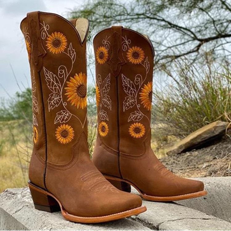 Harriet | Charming Sunflower-Embroidered Square-Toe Cowboy Boots