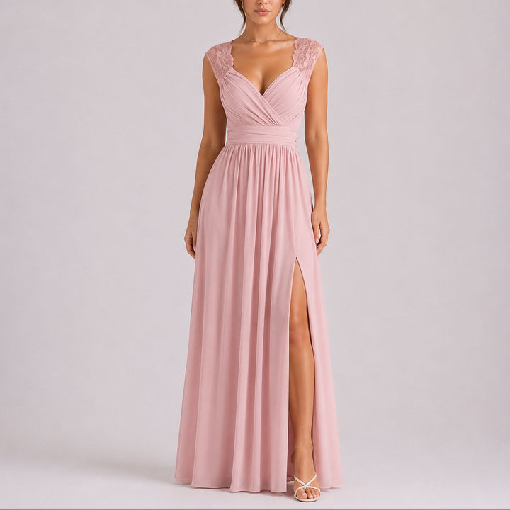 Ruby | Trendy Fall Wedding Lace Shoulder Wrap Maxi Dress