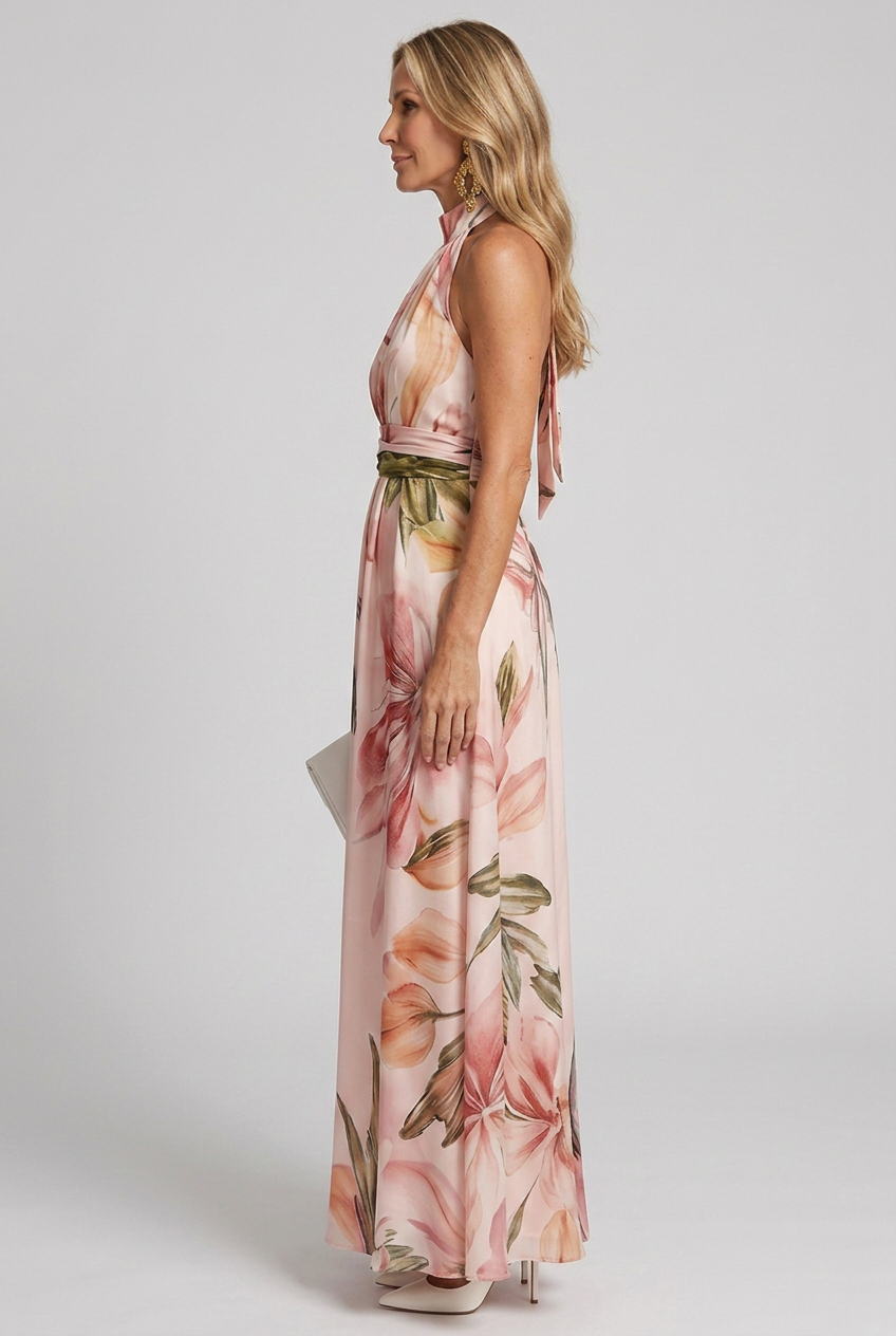 Floral Halter Maxi Dress with Open Back Detail