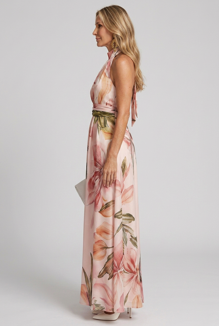 Floral Halter Maxi Dress with Open Back Detail
