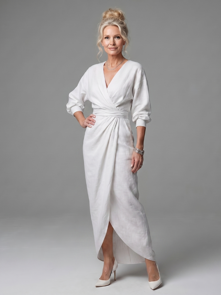 Olympia | Diagonal Drape Maxi Dress – Lightweight Long Sleeve Fit for Women