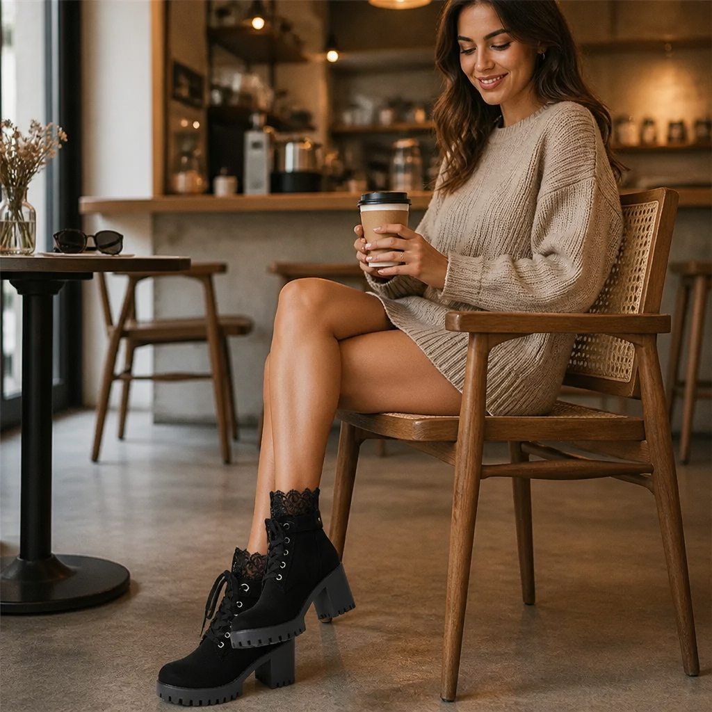 Lacevoya | Lace-Up Chunky Heel Ankle Booties for Women