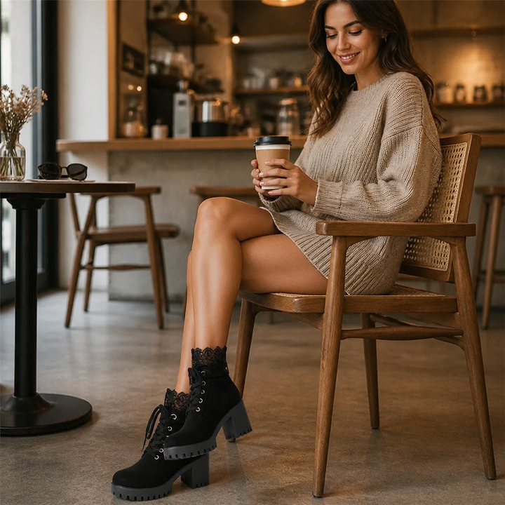Lacevoya | Lace-Up Chunky Heel Ankle Booties for Women