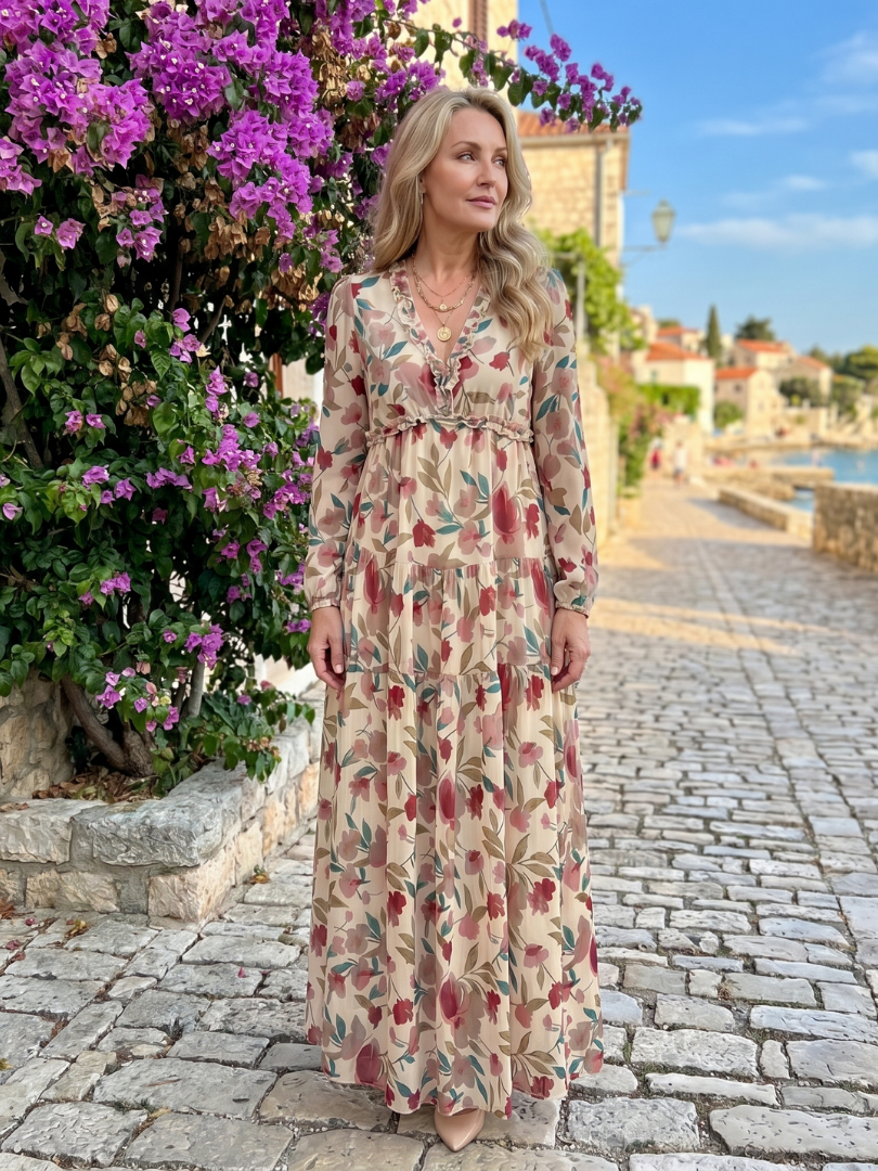 Camelo | Floral Print Maxi Dress – Long Sleeve Tiered Style