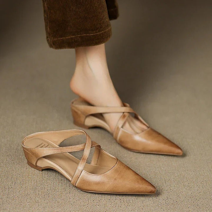 Victoria | Pointed-Toe Cross-Strap Leather Slip-On Mules
