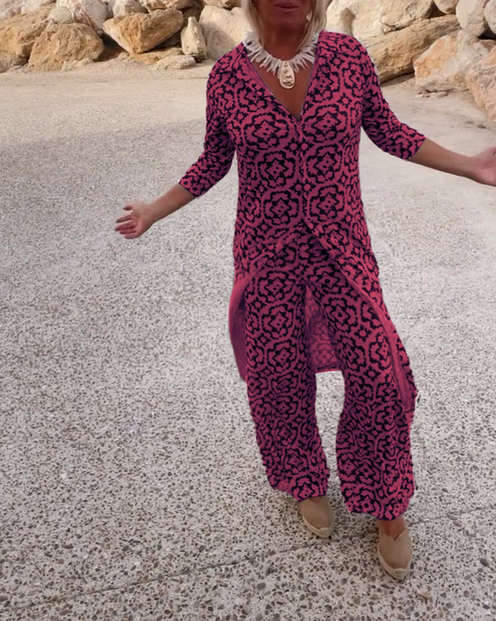 Clara | Chic Geometric Printed V-Neck Tunic & Wide-Leg Pants Set