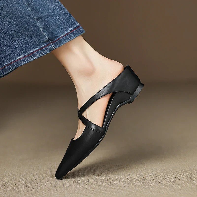 Victoria | Pointed-Toe Cross-Strap Leather Slip-On Mules