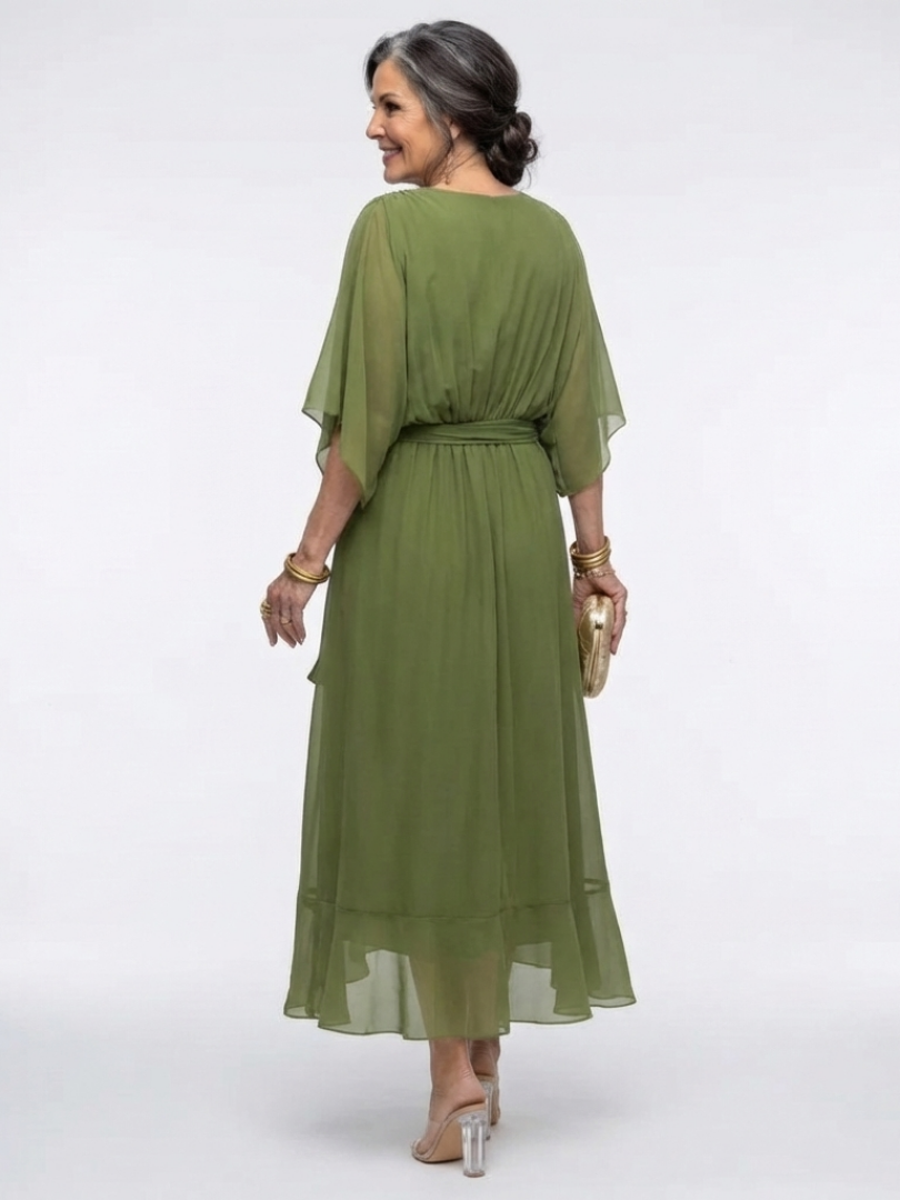 Elysia | Midi Dress – Elegant V Neck with Waist Tie