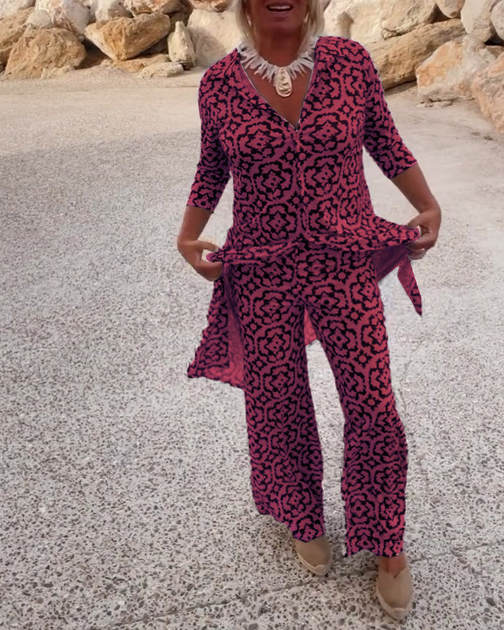 Clara | Chic Geometric Printed V-Neck Tunic & Wide-Leg Pants Set
