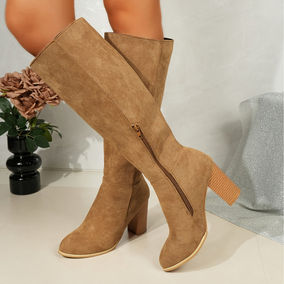 Aurora | Pointed Toe Stacked Heel Knee High Boots