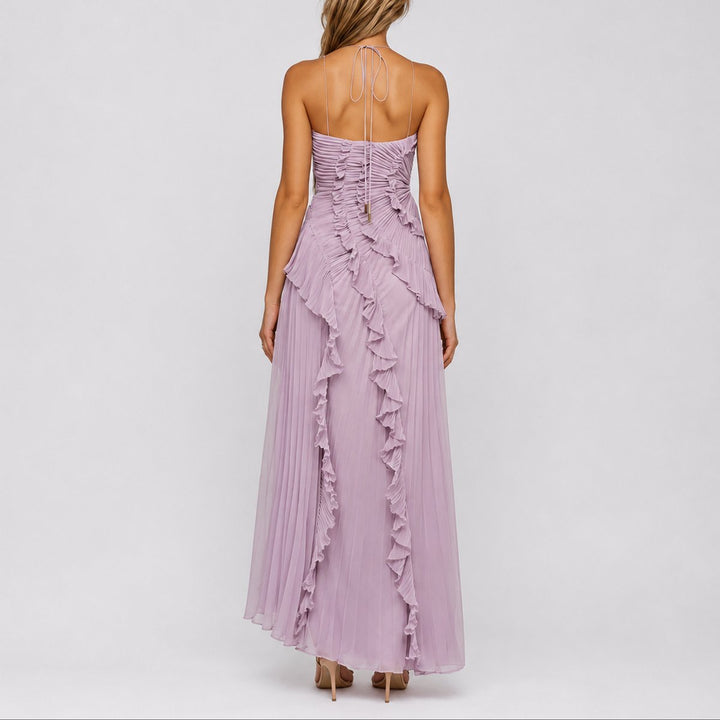 Amelie | Fall Wedding Pleated Ruffle Halter Maxi Dress