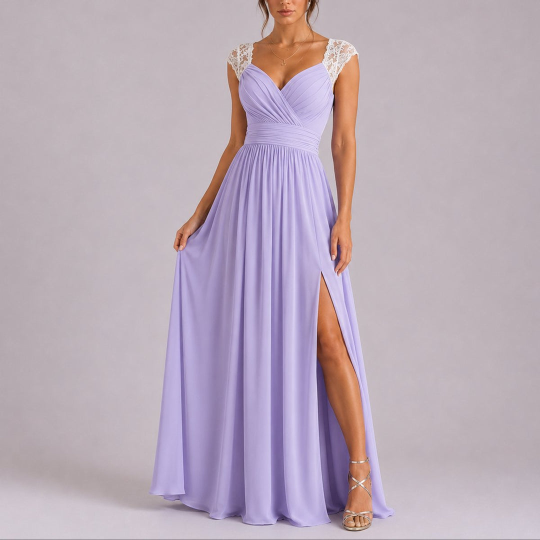 Ruby | Trendy Fall Wedding Lace Shoulder Wrap Maxi Dress