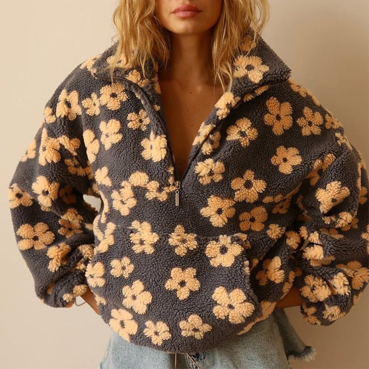 Hazel | Oversized Floral Teddy Fleece Half-Zip Sweater