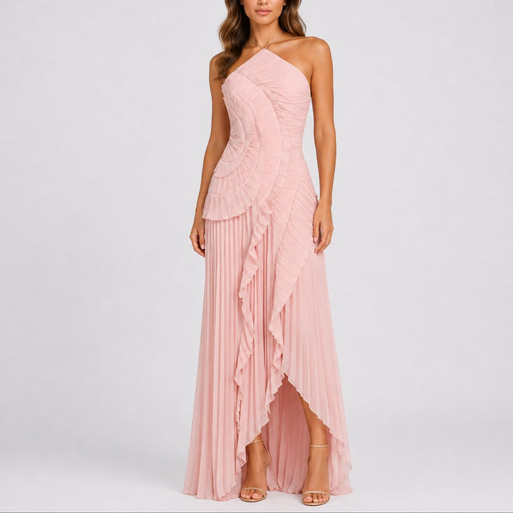 Amelie | Fall Wedding Pleated Ruffle Halter Maxi Dress