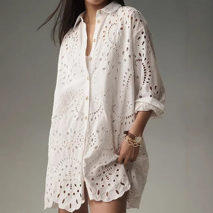 Sophia | Delicate Eyelet Button-Front Tunic Shirt