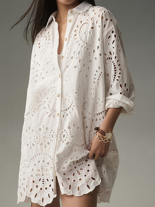 Sophia | Delicate Eyelet Button-Front Tunic Shirt