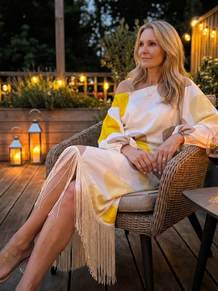 Koda | Midi Dress – Abstract Print with Fringe Hem