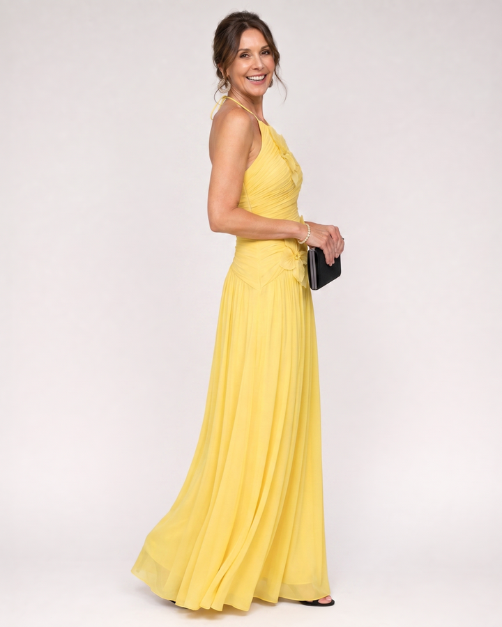 Chic Pleated Halter Neck Floral Maxi Dress