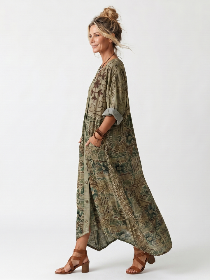 Aleta | Midi Dress – Embroidered Button Front with Pockets
