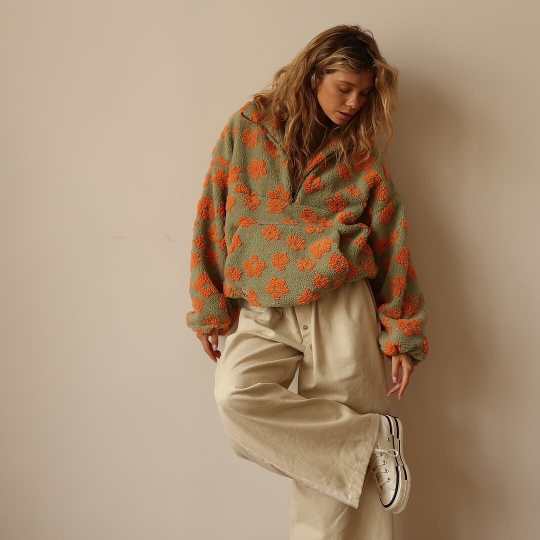 Hazel | Oversized Floral Teddy Fleece Half-Zip Sweater