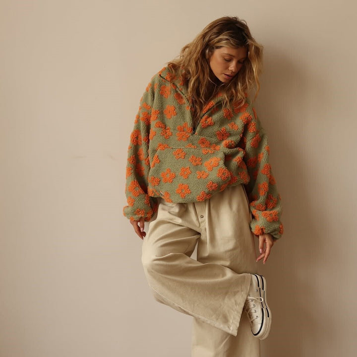Hazel | Oversized Floral Teddy Fleece Half-Zip Sweater