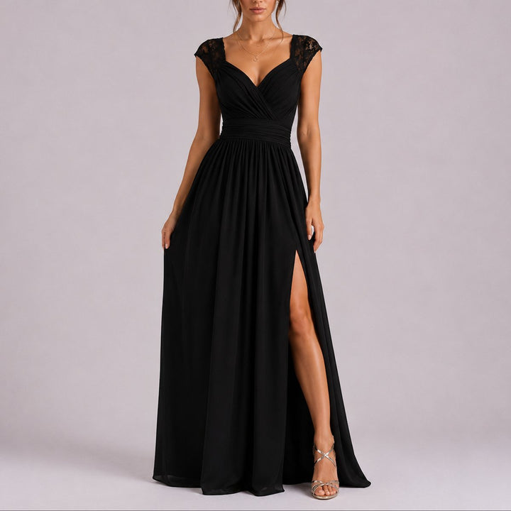 Ruby | Trendy Fall Wedding Lace Shoulder Wrap Maxi Dress