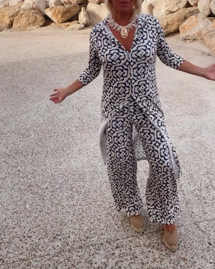 Clara | Chic Geometric Printed V-Neck Tunic & Wide-Leg Pants Set