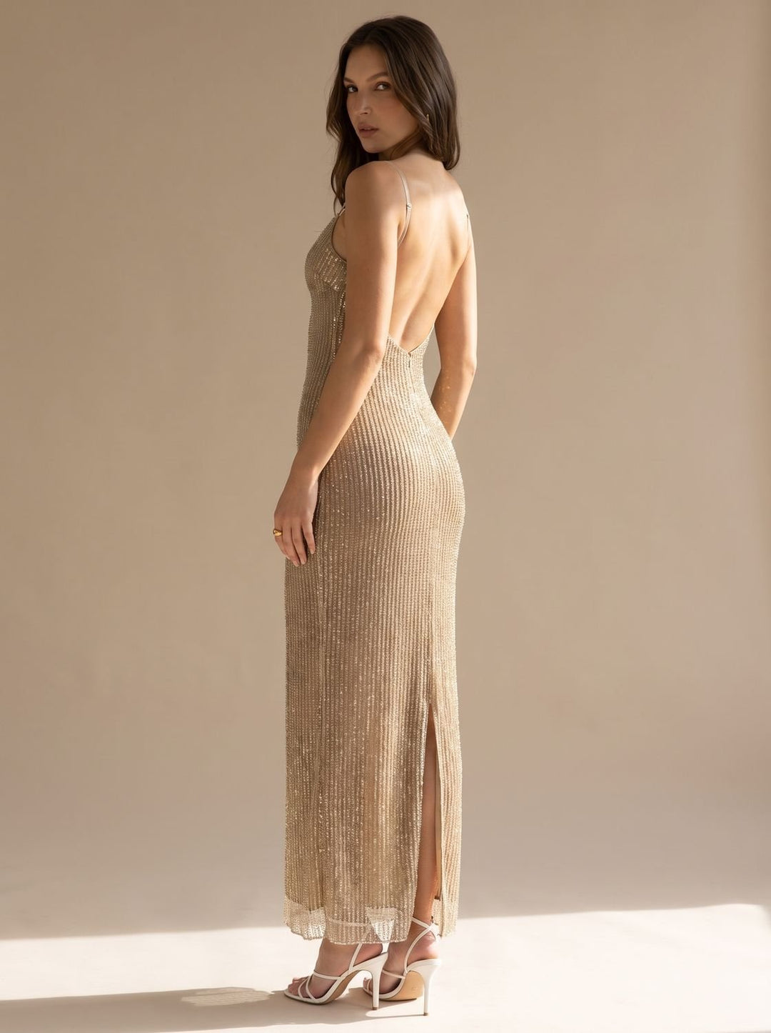 Grace | Bodycon Maxi Dress – Gold Glitter Spaghetti-Strap for Women