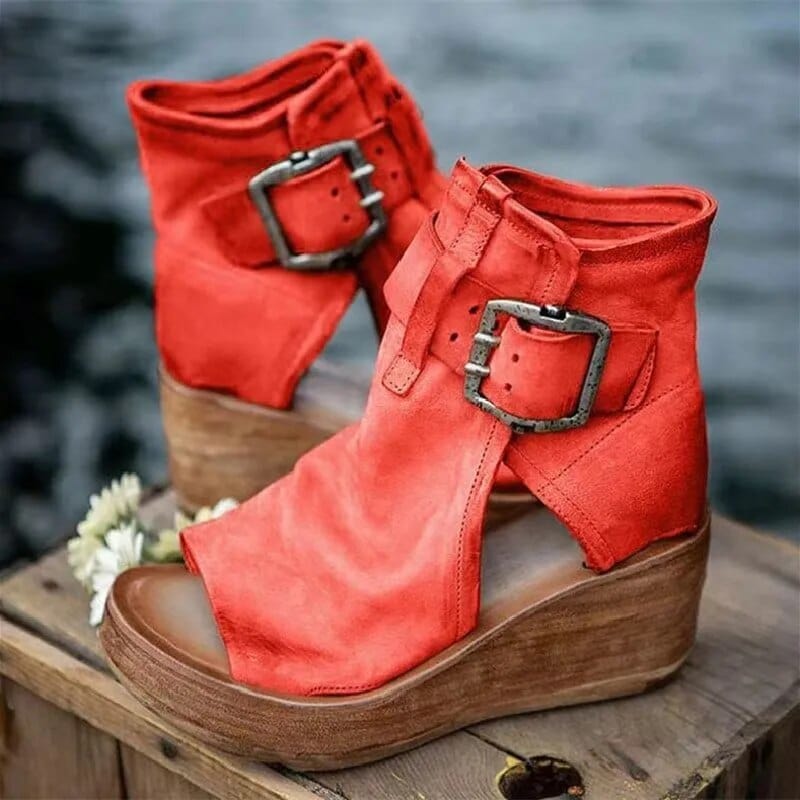 Mary | Bottines compensées chic à bout ouvert, avec détails de boucles vintage