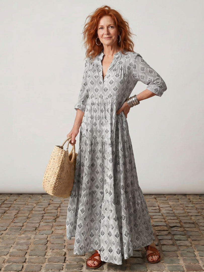 Junia | Notch Neck Maxi Dress – Printed Style for Women