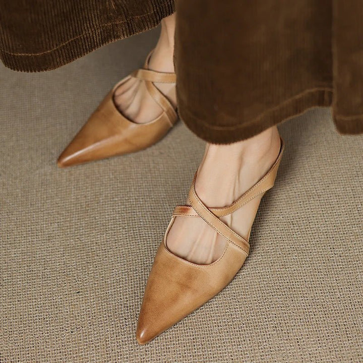 Victoria | Pointed-Toe Cross-Strap Leather Slip-On Mules
