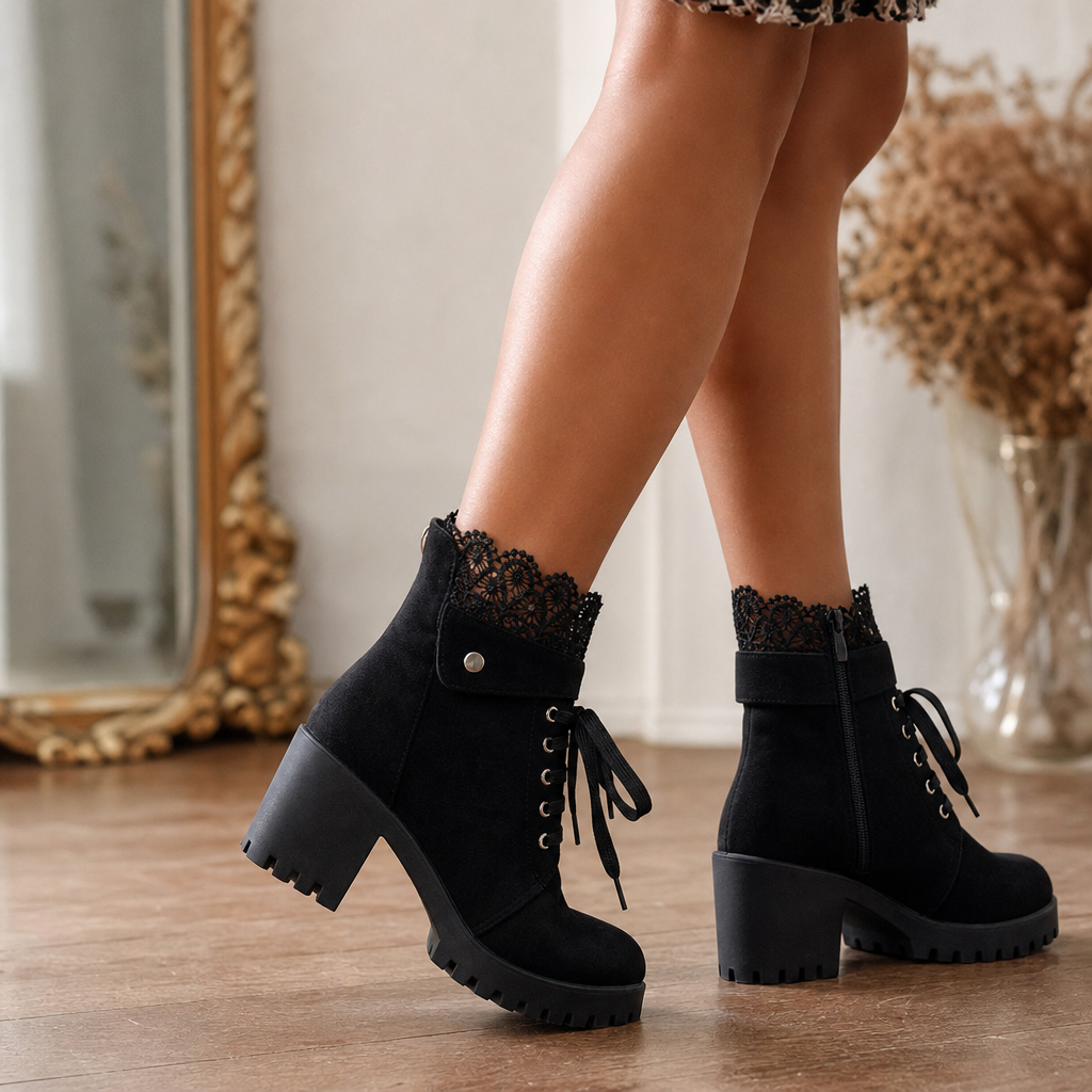 Lacevoya | Lace-Up Chunky Heel Ankle Booties for Women