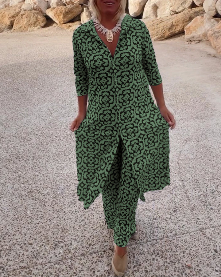 Clara | Chic Geometric Printed V-Neck Tunic & Wide-Leg Pants Set
