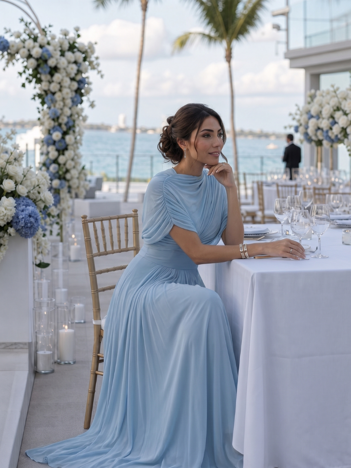 Draped One-Shoulder Maxi Dress in Soft Blue