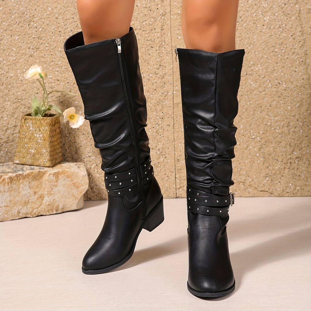 Erin | Edgy Studded Buckle Knee High Boots