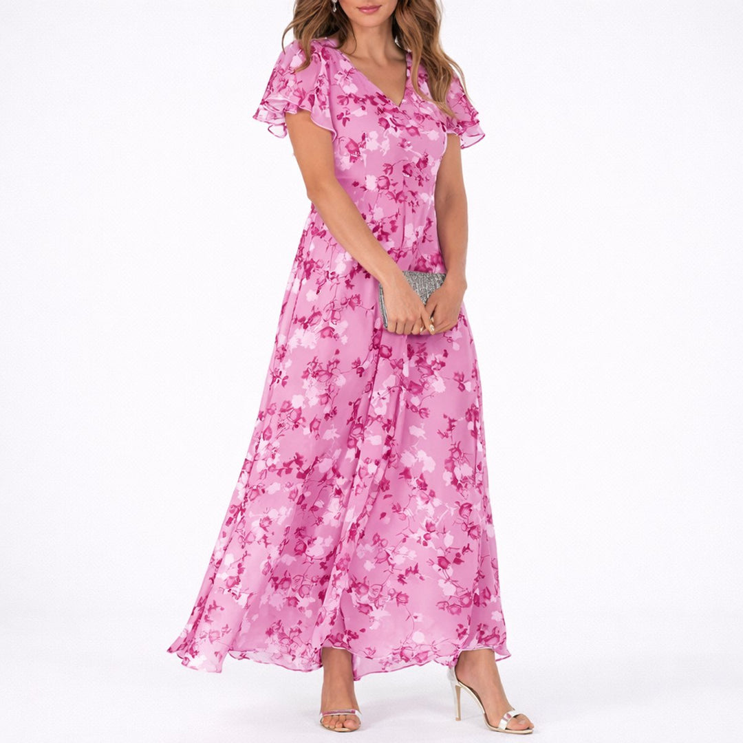 Emilia | Soft Fall Wedding Floral Chiffon Flutter Sleeve Maxi Dress