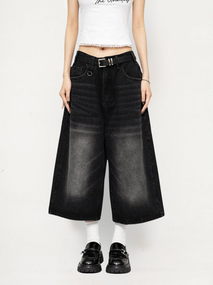Chloe | Retro-Washed And Edgy Wide Leg Denim Culottes