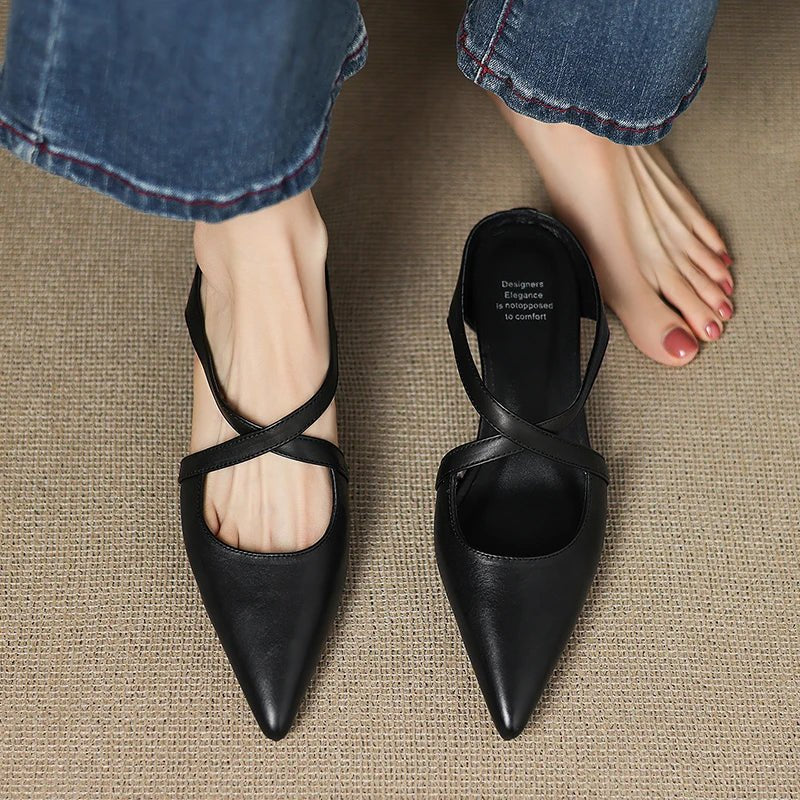 Victoria | Pointed-Toe Cross-Strap Leather Slip-On Mules