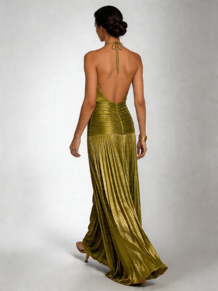Halter Neck Pleated Maxi Dress with High Slit
