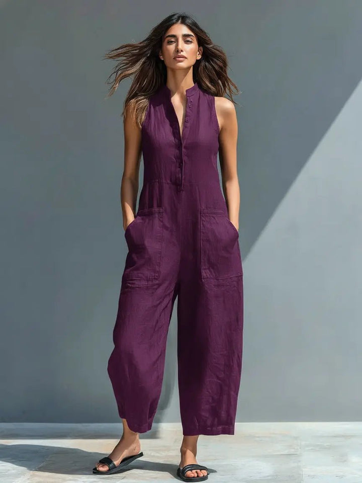 Alara | Linen Button-Up Jumpsuit – Elegant Sleeveless Style for Women